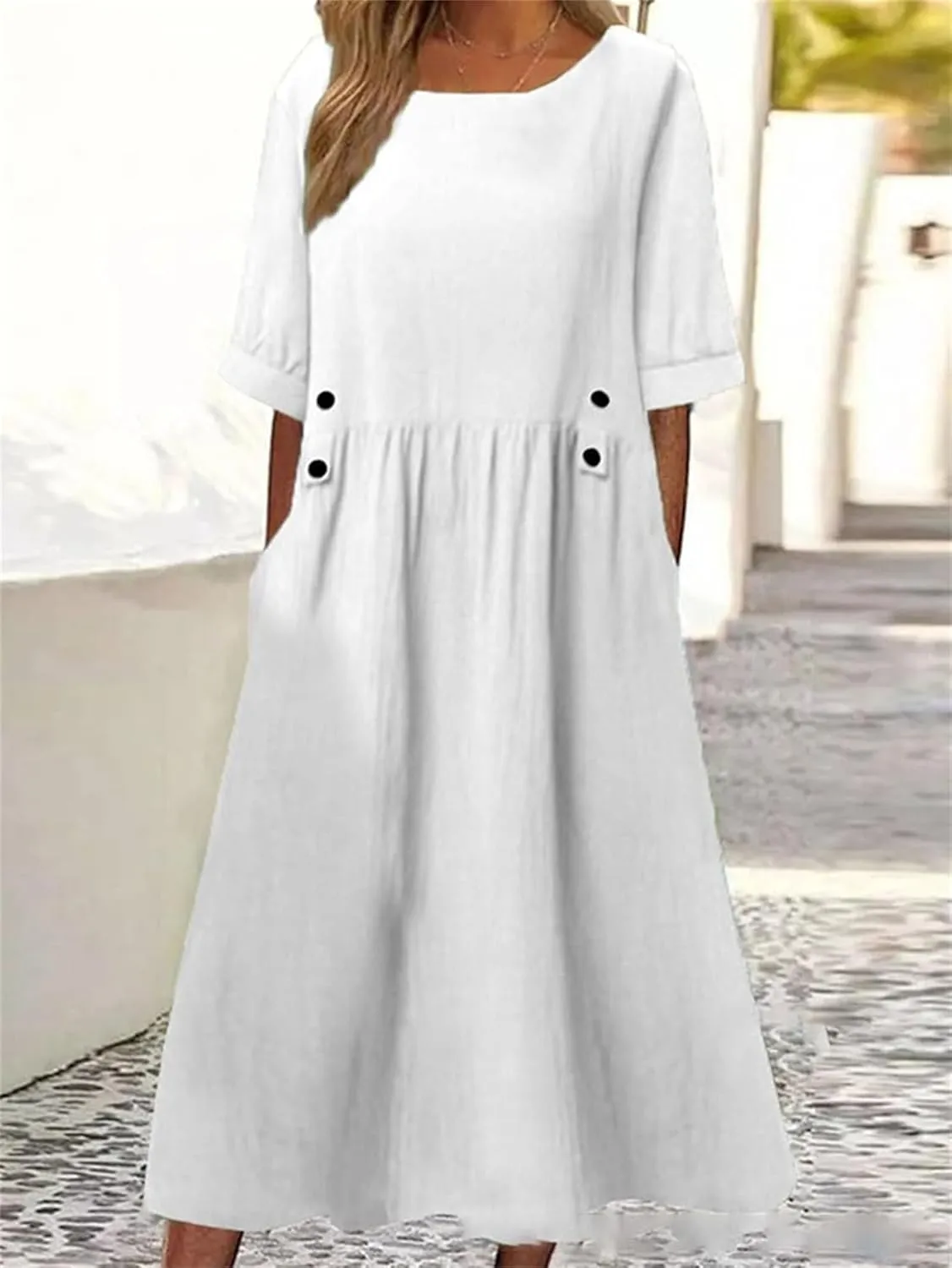 Women's Summer Cotton Linen Casual Midi Dress Plus Size Short Sleeve Flowy Beach Long Dresses Vacation Party Dresses
