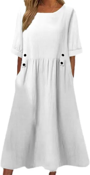 Women's Summer Cotton Linen Casual Midi Dress Plus Size Short Sleeve Flowy Beach Long Dresses Vacation Party Dresses