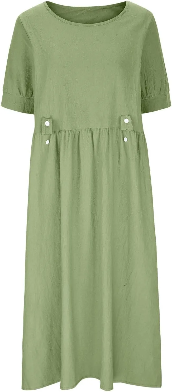 Women's Summer Cotton Linen Casual Midi Dress Plus Size Short Sleeve Flowy Beach Long Dresses Vacation Party Dresses