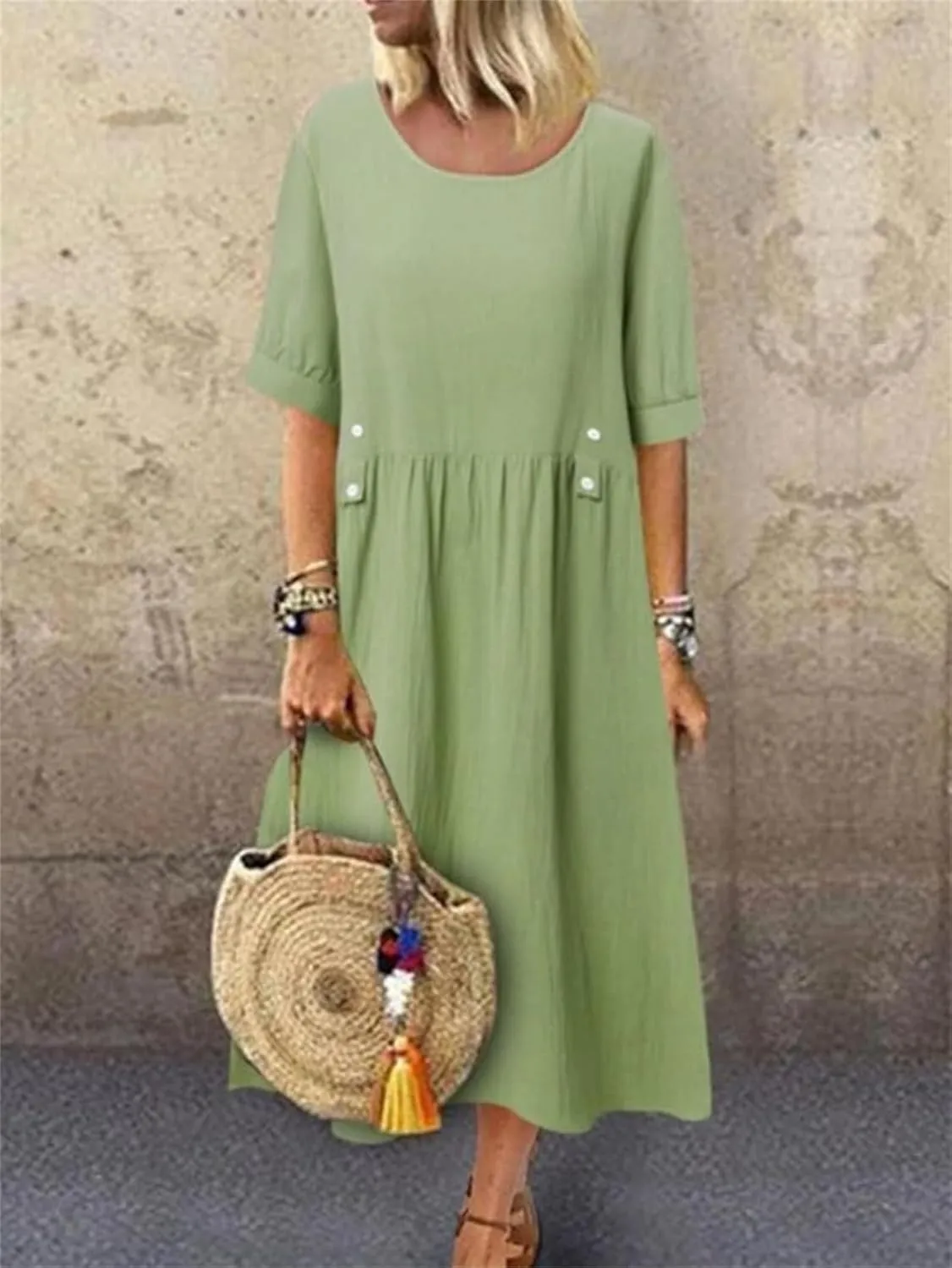 Women's Summer Cotton Linen Casual Midi Dress Plus Size Short Sleeve Flowy Beach Long Dresses Vacation Party Dresses