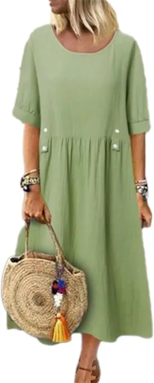 Women's Summer Cotton Linen Casual Midi Dress Plus Size Short Sleeve Flowy Beach Long Dresses Vacation Party Dresses