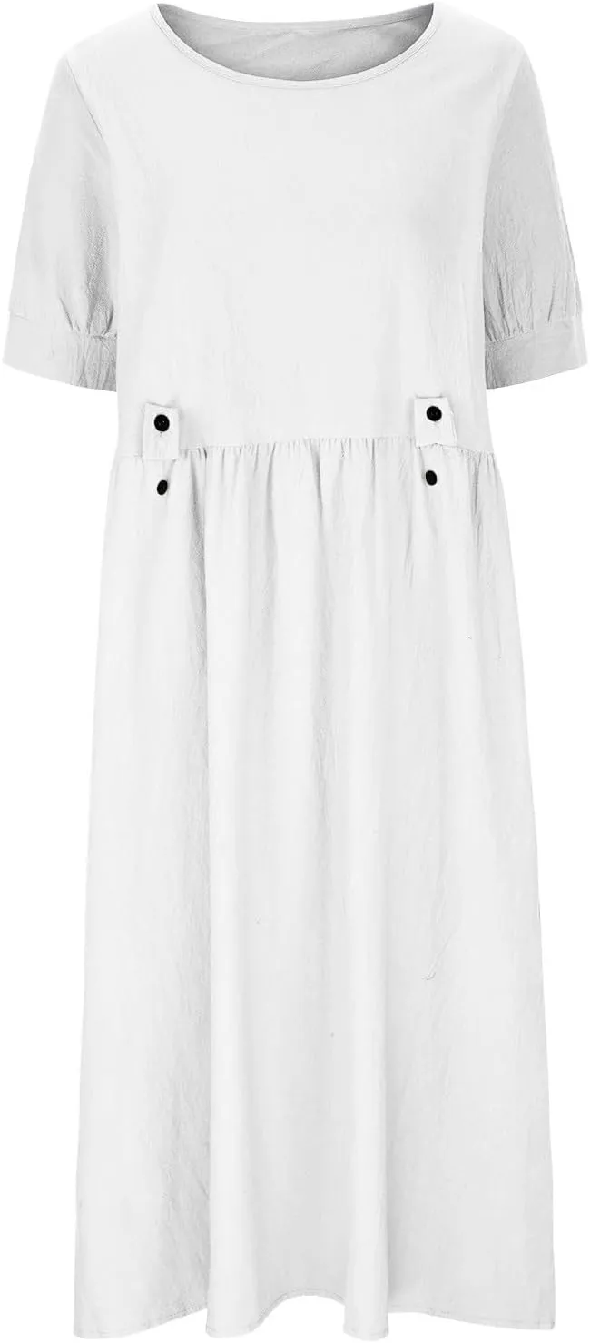 Women's Summer Cotton Linen Casual Midi Dress Plus Size Short Sleeve Flowy Beach Long Dresses Vacation Party Dresses