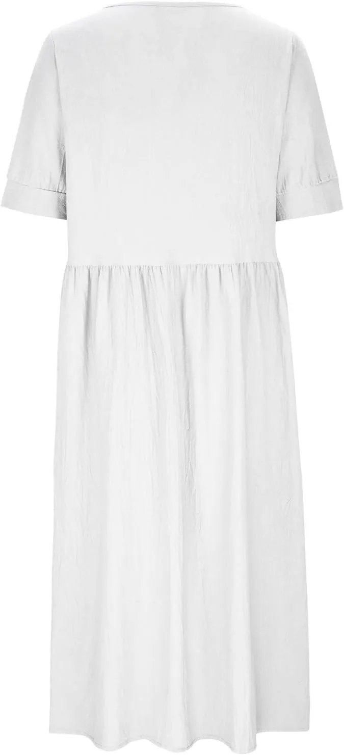 Women's Summer Cotton Linen Casual Midi Dress Plus Size Short Sleeve Flowy Beach Long Dresses Vacation Party Dresses