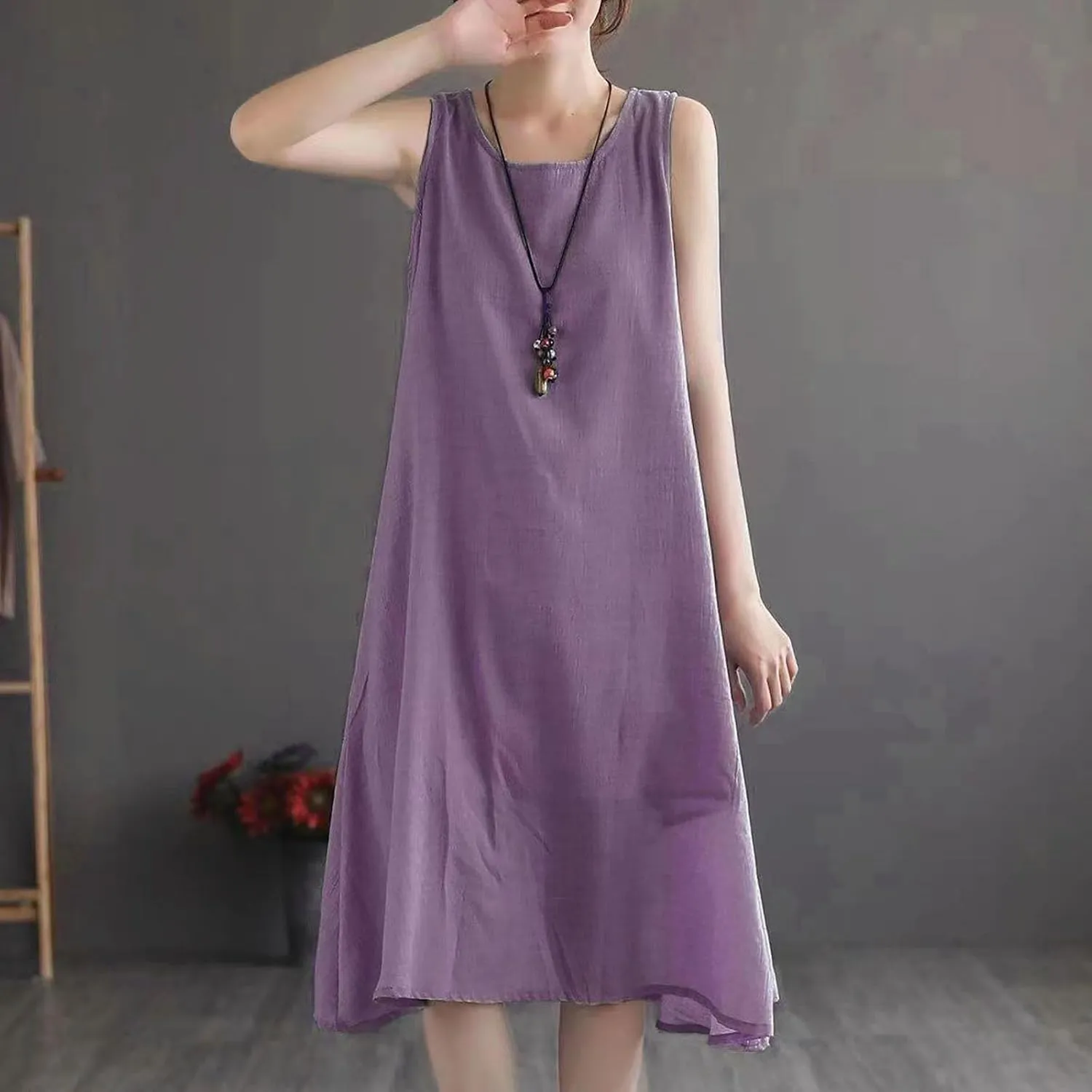 Womens Summer Cotton Linen Long Dress Sleeveless Round Neck Midi Dress Plus Size Casual Sun Dresses Beach Outfits