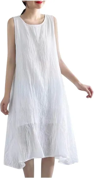 Womens Summer Cotton Linen Long Dress Sleeveless Round Neck Midi Dress Plus Size Casual Sun Dresses Beach Outfits