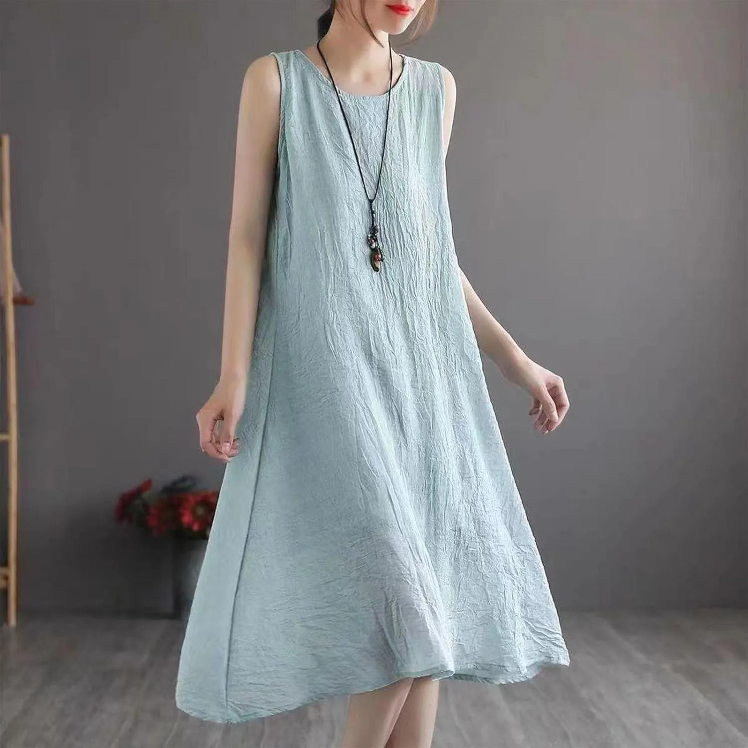 Womens Summer Cotton Linen Long Dress Sleeveless Round Neck Midi Dress Plus Size Casual Sun Dresses Beach Outfits