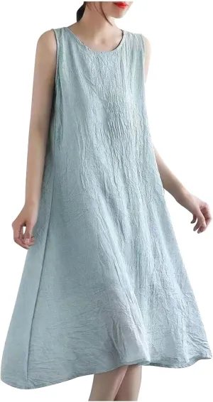 Womens Summer Cotton Linen Long Dress Sleeveless Round Neck Midi Dress Plus Size Casual Sun Dresses Beach Outfits