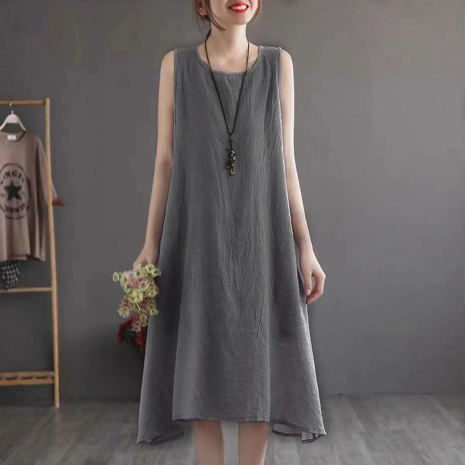 Womens Summer Cotton Linen Long Dress Sleeveless Round Neck Midi Dress Plus Size Casual Sun Dresses Beach Outfits