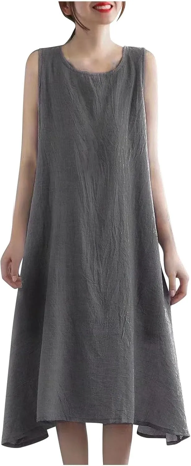 Womens Summer Cotton Linen Long Dress Sleeveless Round Neck Midi Dress Plus Size Casual Sun Dresses Beach Outfits