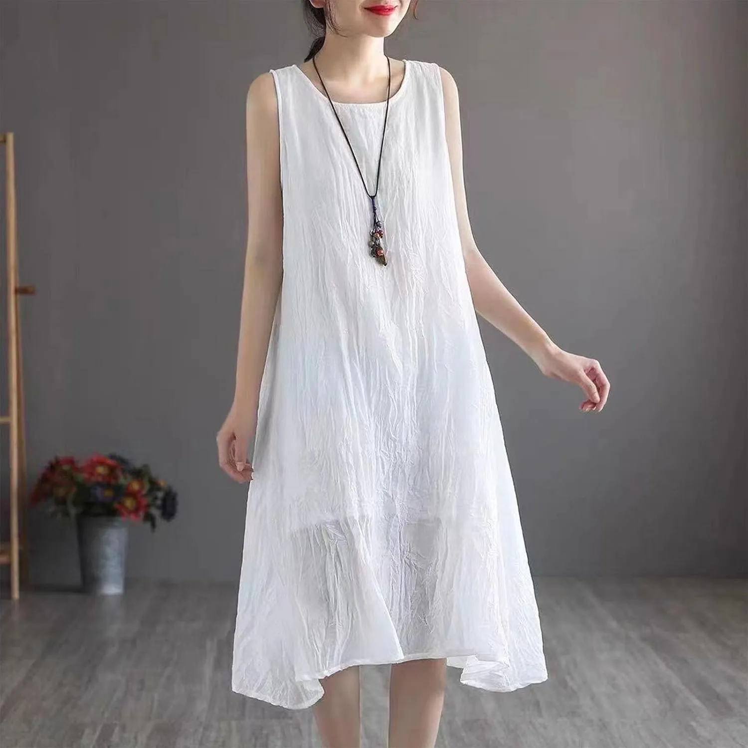 Womens Summer Cotton Linen Long Dress Sleeveless Round Neck Midi Dress Plus Size Casual Sun Dresses Beach Outfits