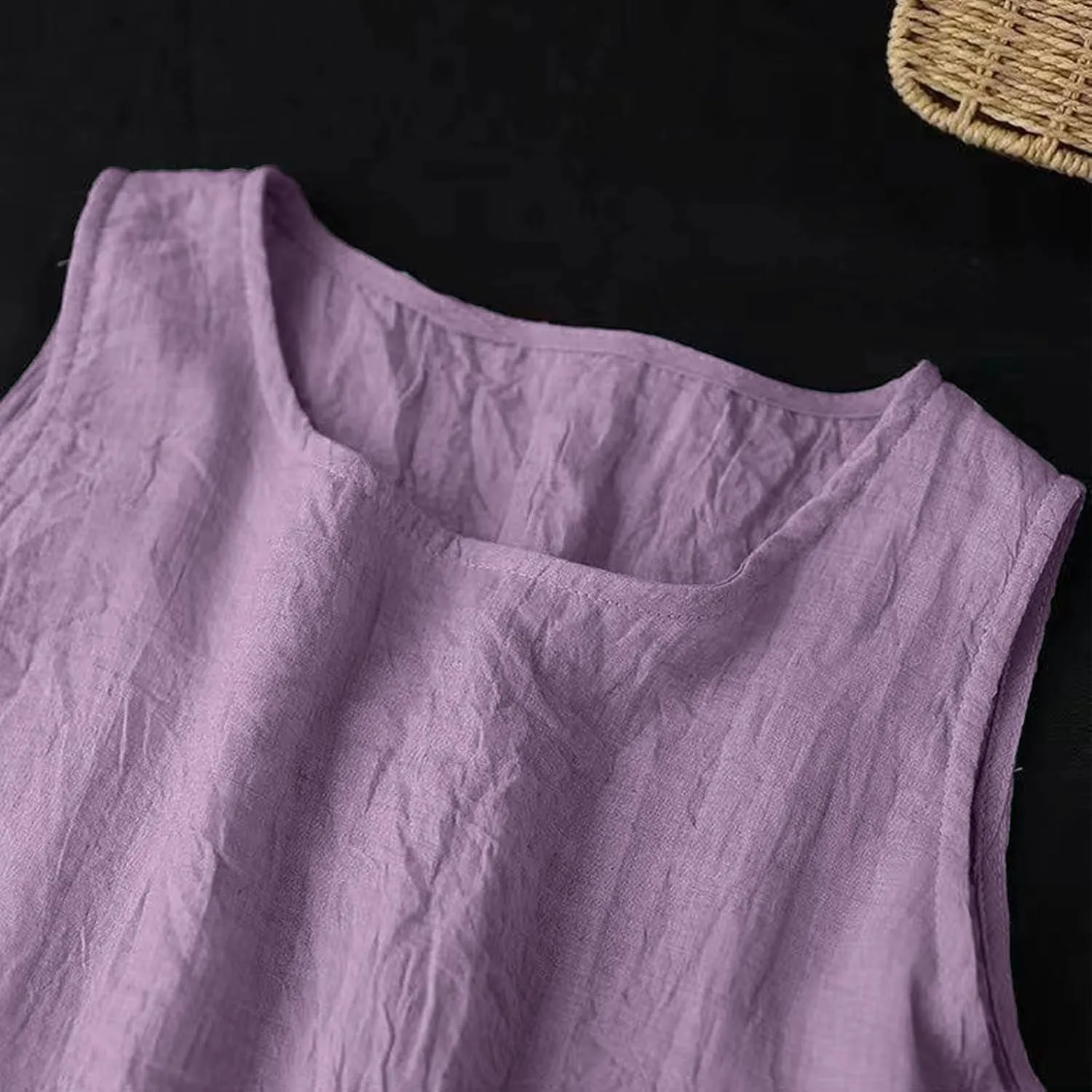 Womens Summer Cotton Linen Long Dress Sleeveless Round Neck Midi Dress Plus Size Casual Sun Dresses Beach Outfits
