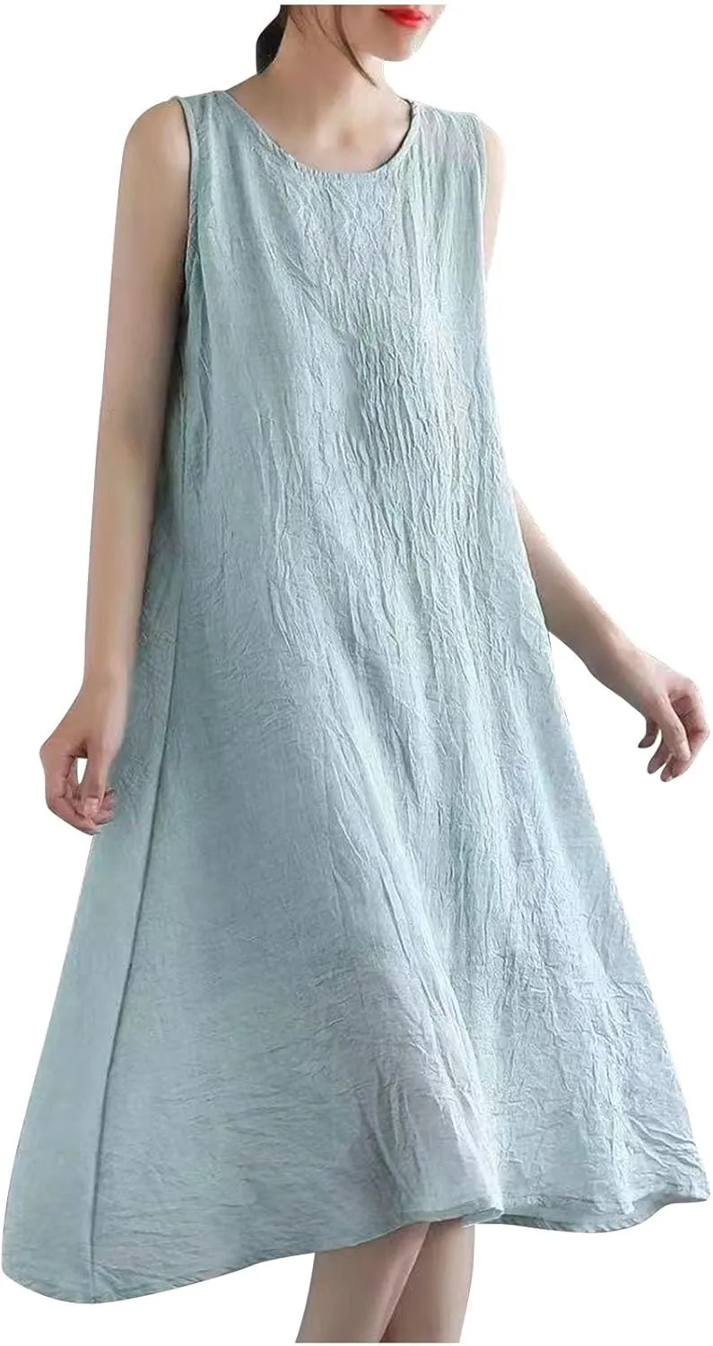 Womens Summer Cotton Linen Long Dress Sleeveless Round Neck Midi Dress Plus Size Casual Sun Dresses Beach Outfits