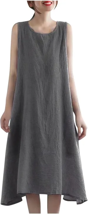 Womens Summer Cotton Linen Long Dress Sleeveless Round Neck Midi Dress Plus Size Casual Sun Dresses Beach Outfits