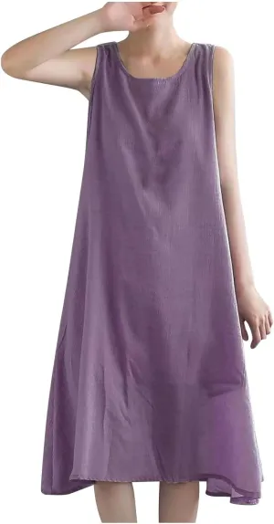 Womens Summer Cotton Linen Long Dress Sleeveless Round Neck Midi Dress Plus Size Casual Sun Dresses Beach Outfits