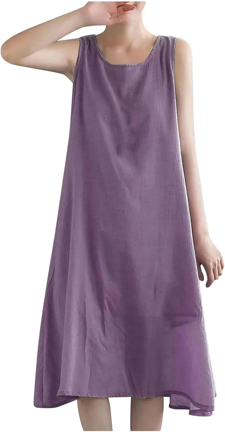 Womens Summer Cotton Linen Long Dress Sleeveless Round Neck Midi Dress Plus Size Casual Sun Dresses Beach Outfits