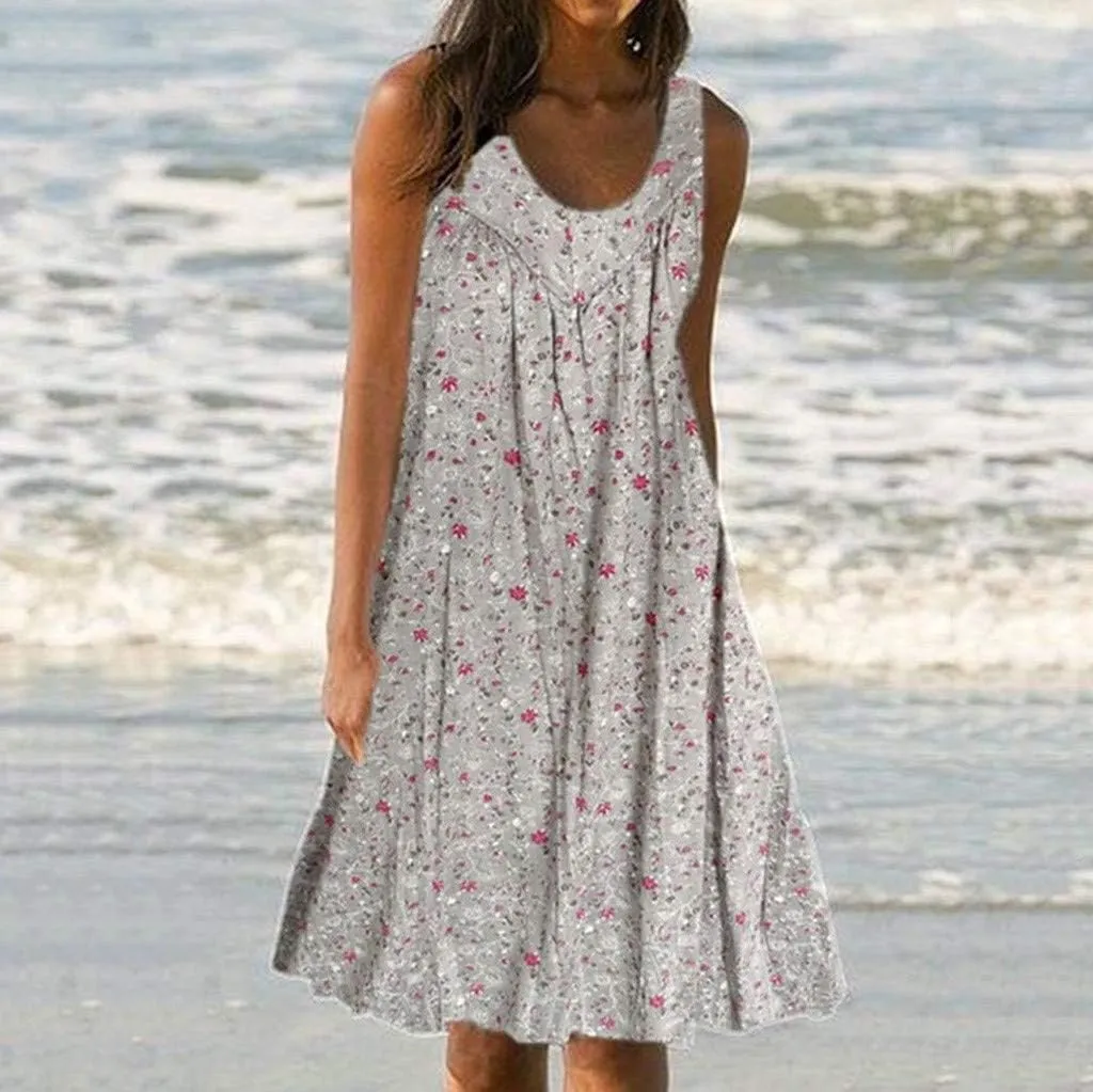 Womens Summer Dresses 2025 Women's Spring/Summer Flower Printed Casual Tank Top Pockets Beach Casual Dress 100