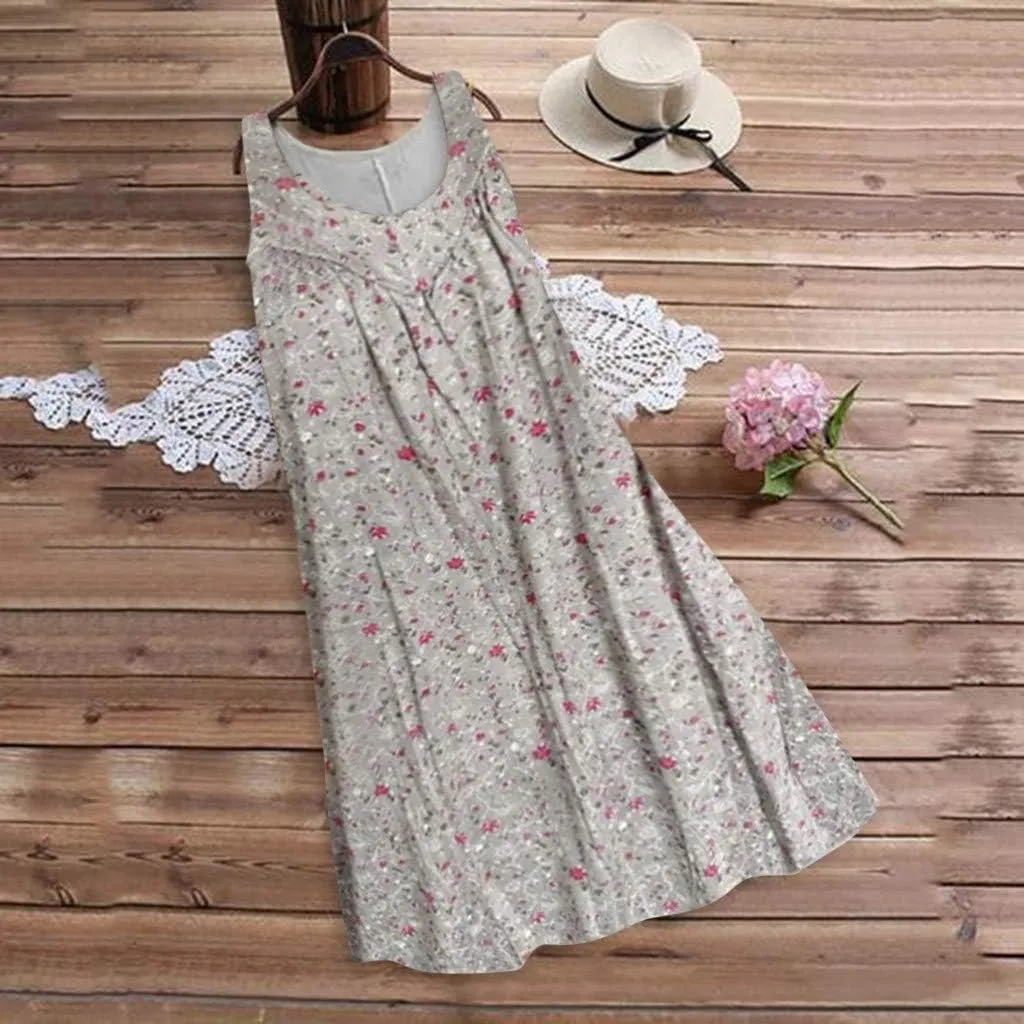 Womens Summer Dresses 2025 Women's Spring/Summer Flower Printed Casual Tank Top Pockets Beach Casual Dress 100