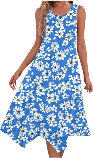 Womens Summer Dresses Loose Sleeveless Crew Neck Beach Irregular Dress with Pockets Printed 2025 Fashion Sundresses