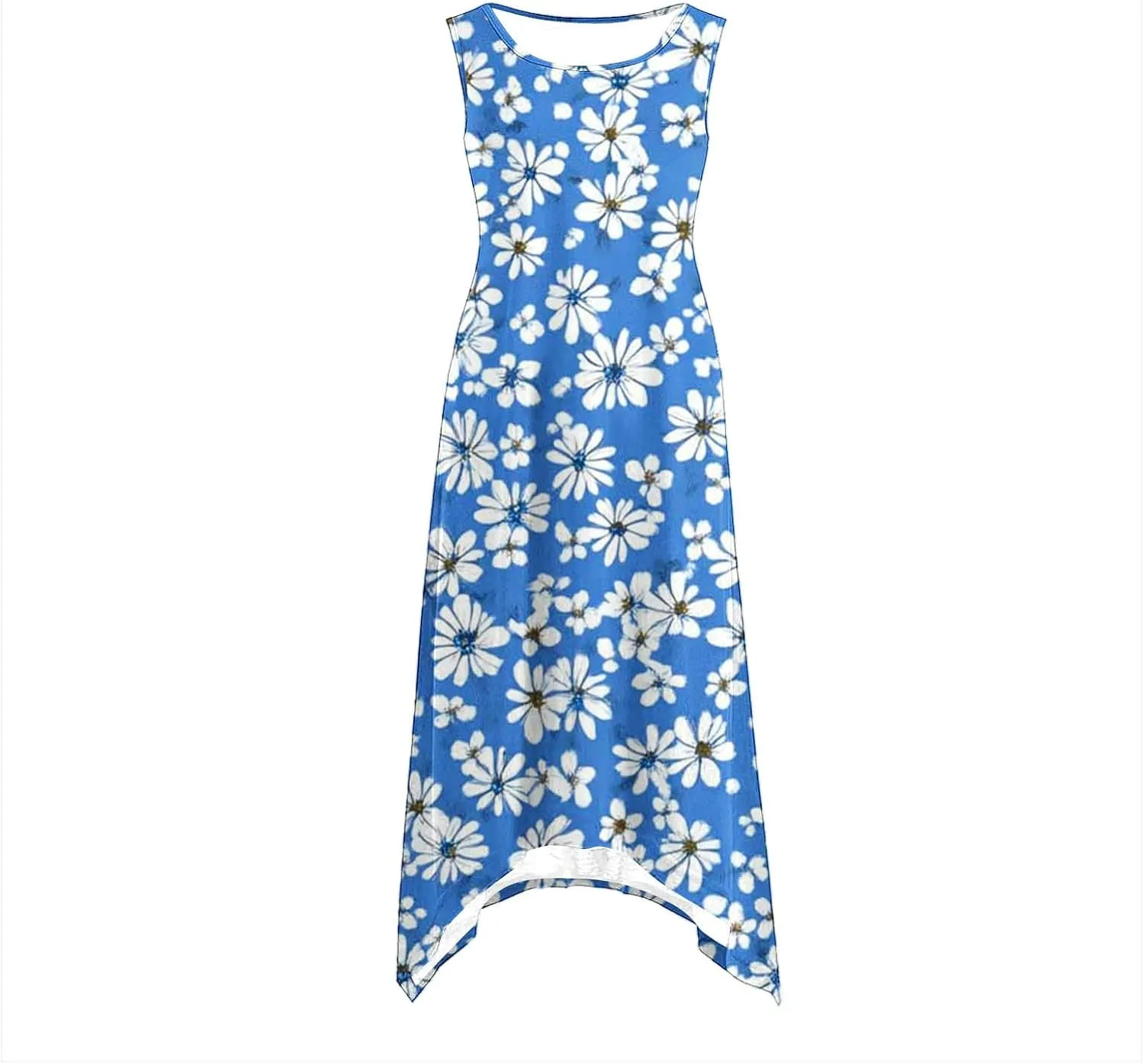 Womens Summer Dresses Loose Sleeveless Crew Neck Beach Irregular Dress with Pockets Printed 2025 Fashion Sundresses