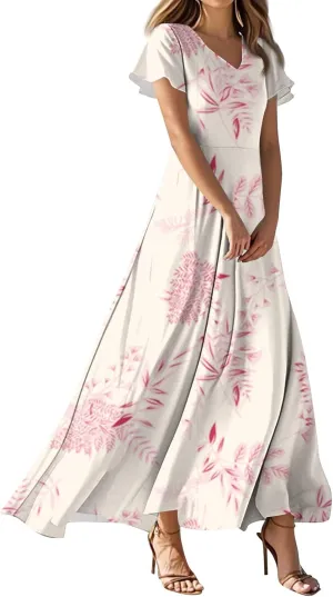 Women's Summer Floral Maxi Dress Flowy V Neck Short Sleeve Long Dresses Trendy A Line Vacation Beach Dress 2025