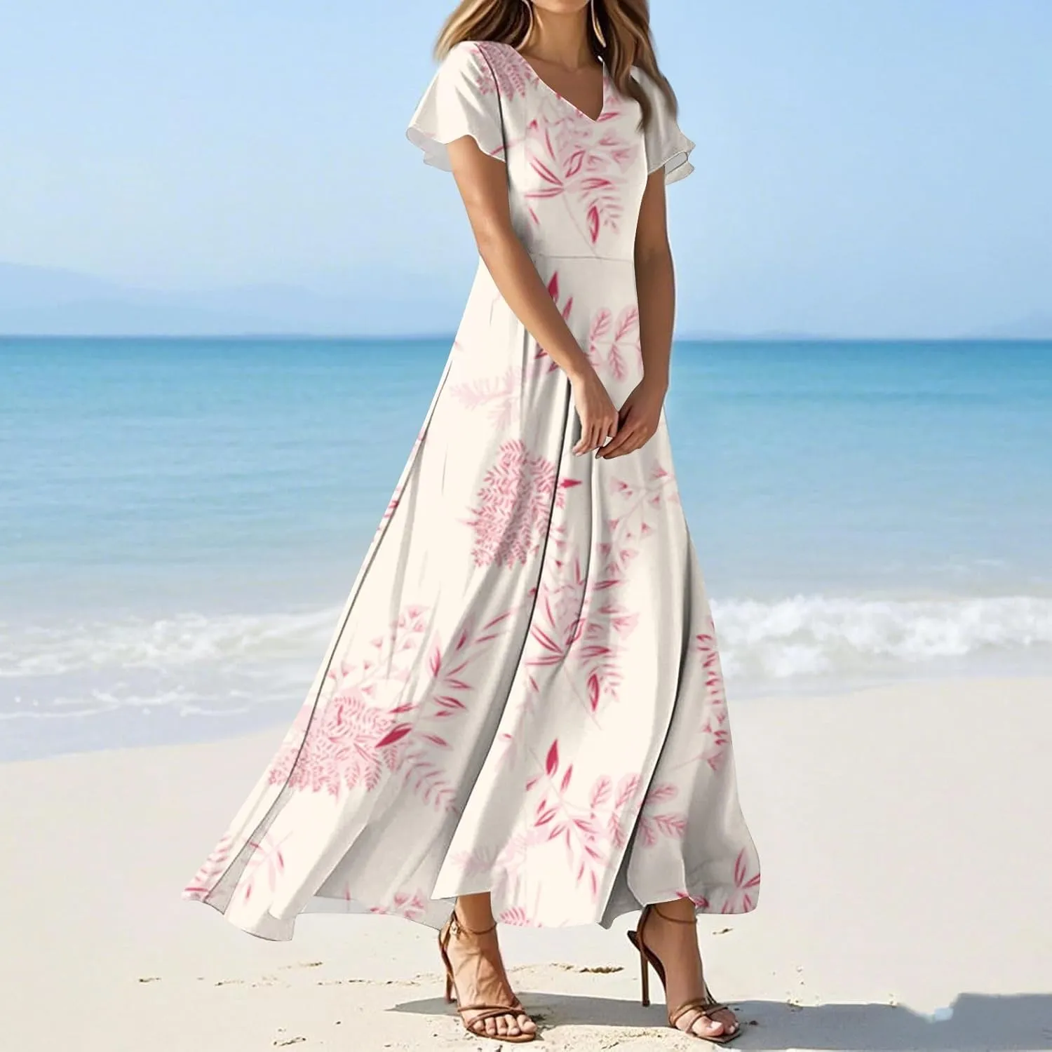 Women's Summer Floral Maxi Dress Flowy V Neck Short Sleeve Long Dresses Trendy A Line Vacation Beach Dress 2025
