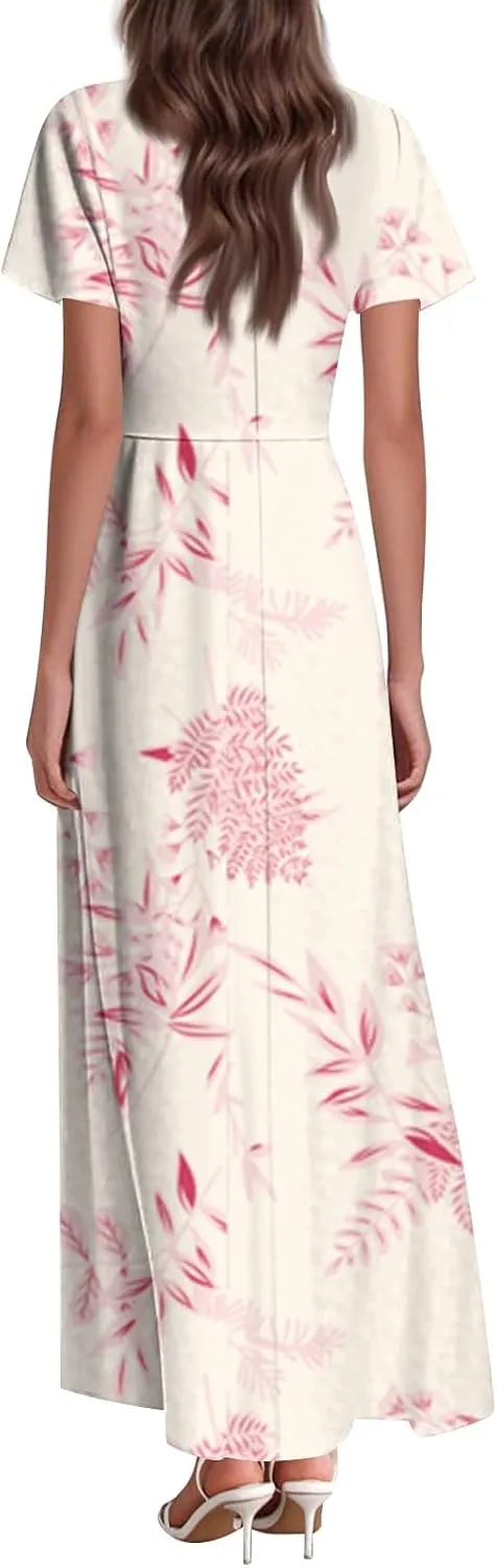 Women's Summer Floral Maxi Dress Flowy V Neck Short Sleeve Long Dresses Trendy A Line Vacation Beach Dress 2025