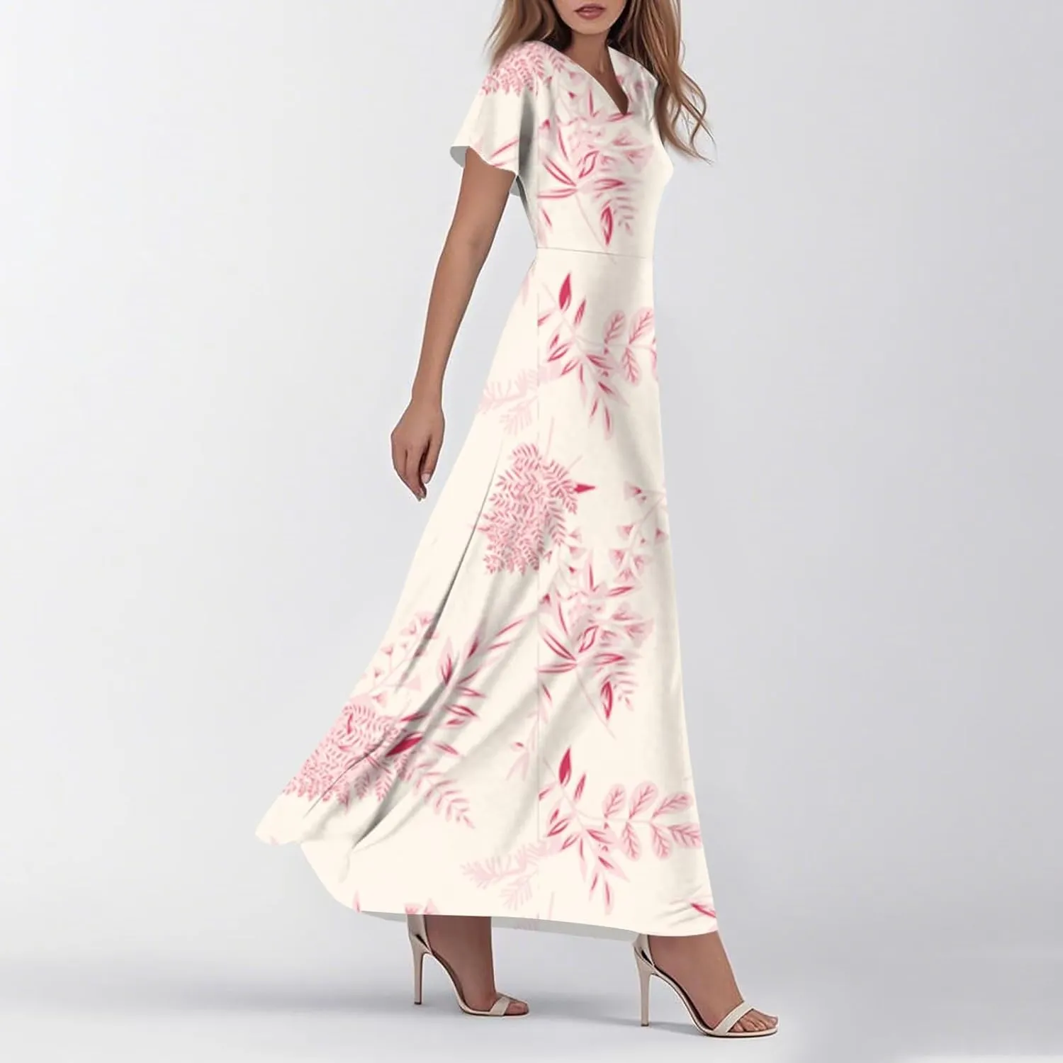 Women's Summer Floral Maxi Dress Flowy V Neck Short Sleeve Long Dresses Trendy A Line Vacation Beach Dress 2025