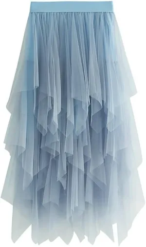 Women's Tulle Skirt Layered Pleated Tutu Skirt High Low Asymmetrical Midi Tea-Length Dress Girls Prom Party Skirt