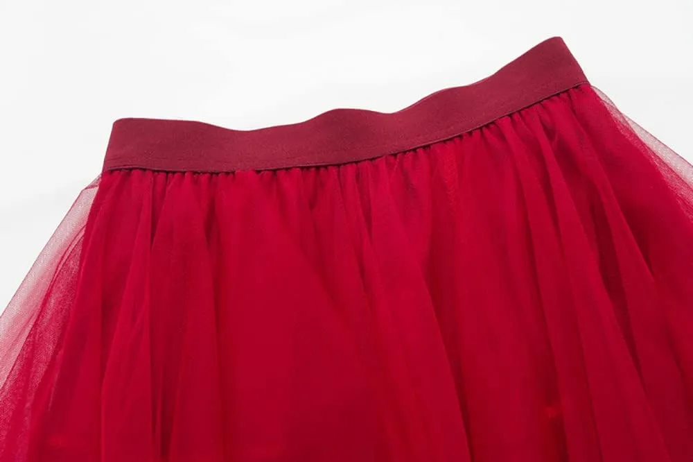 Women's Tulle Skirt Layered Pleated Tutu Skirt High Low Asymmetrical Midi Tea-Length Dress Girls Prom Party Skirt