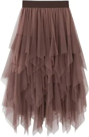 Women's Tulle Skirt Layered Pleated Tutu Skirt High Low Asymmetrical Midi Tea-Length Dress Girls Prom Party Skirt