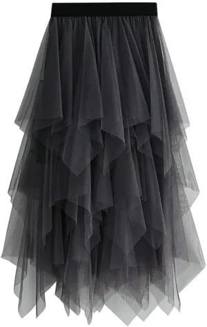 Women's Tulle Skirt Layered Pleated Tutu Skirt High Low Asymmetrical Midi Tea-Length Dress Girls Prom Party Skirt