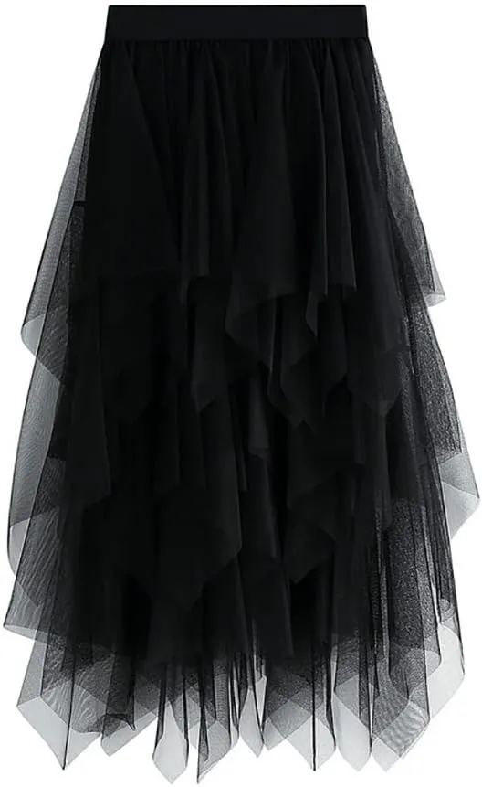 Women's Tulle Skirt Layered Pleated Tutu Skirt High Low Asymmetrical Midi Tea-Length Dress Girls Prom Party Skirt
