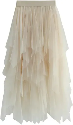 Women's Tulle Skirt Layered Pleated Tutu Skirt High Low Asymmetrical Midi Tea-Length Dress Girls Prom Party Skirt