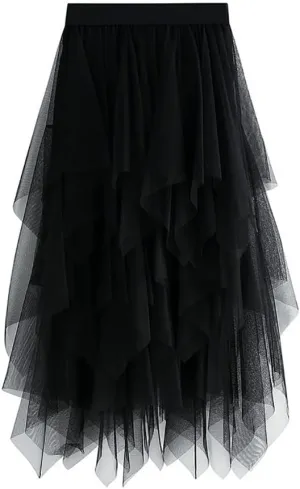 Women's Tulle Skirt Layered Pleated Tutu Skirt High Low Asymmetrical Midi Tea-Length Dress Girls Prom Party Skirt