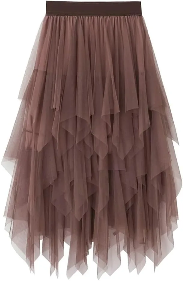 Women's Tulle Skirt Layered Pleated Tutu Skirt High Low Asymmetrical Midi Tea-Length Dress Girls Prom Party Skirt