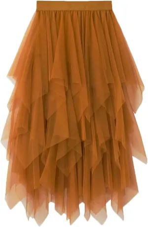 Women's Tulle Skirt Layered Pleated Tutu Skirt High Low Asymmetrical Midi Tea-Length Dress Girls Prom Party Skirt