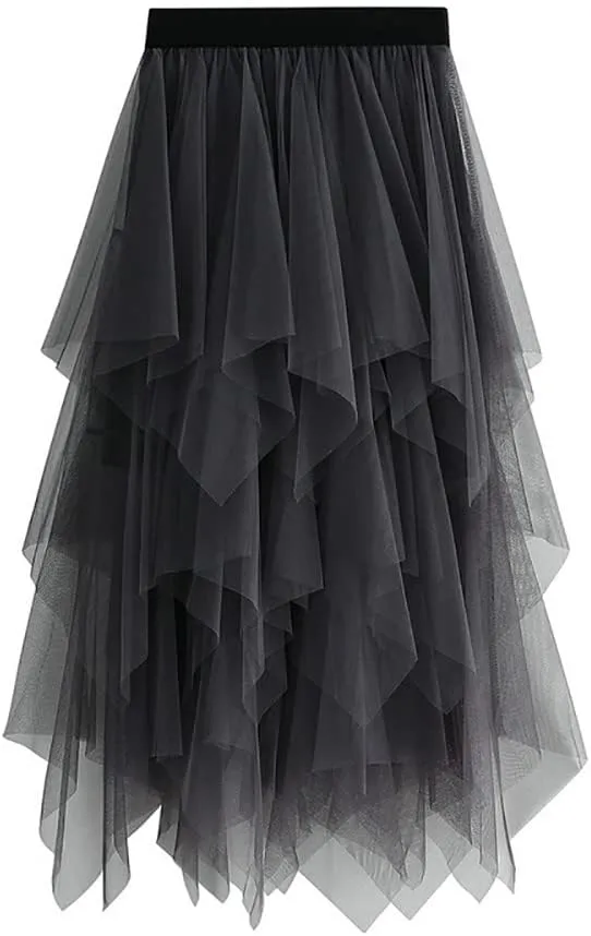 Women's Tulle Skirt Layered Pleated Tutu Skirt High Low Asymmetrical Midi Tea-Length Dress Girls Prom Party Skirt