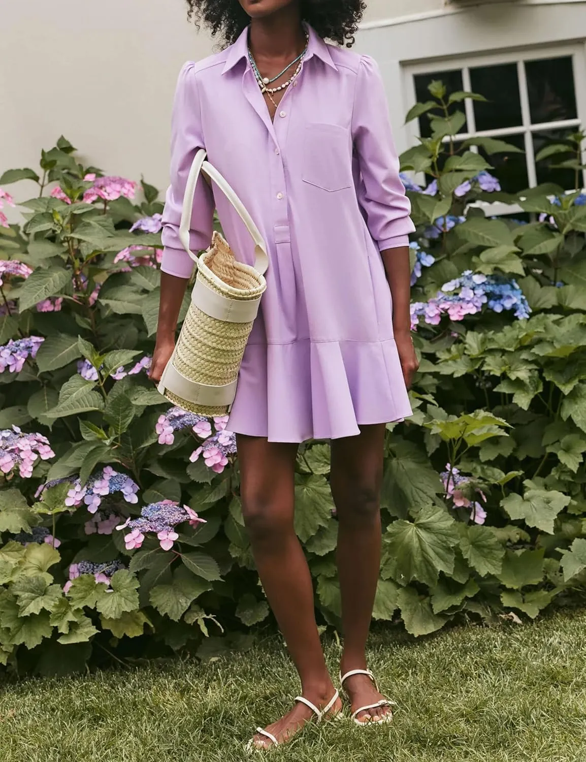 Women's Tunic Shirt Mini Dress Long Sleeve Cotton Drop Waist Collar Short Dress Button Up Ruffle Hem Shift Dresses