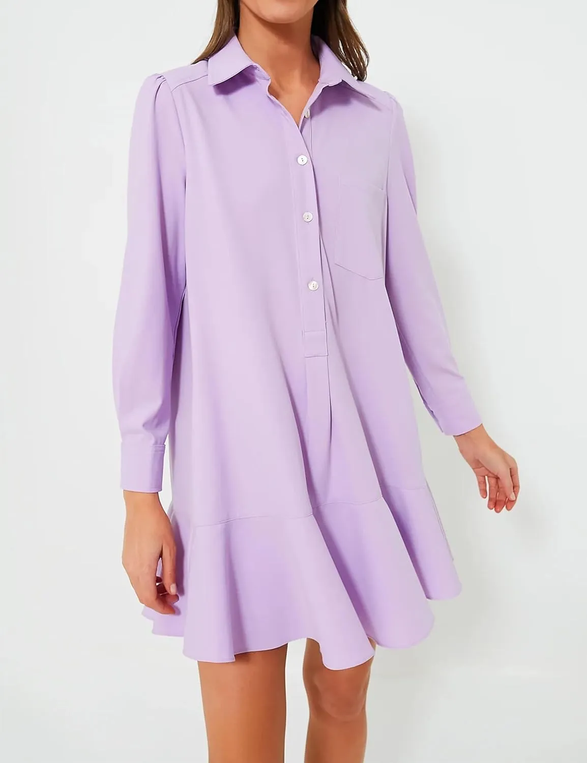 Women's Tunic Shirt Mini Dress Long Sleeve Cotton Drop Waist Collar Short Dress Button Up Ruffle Hem Shift Dresses