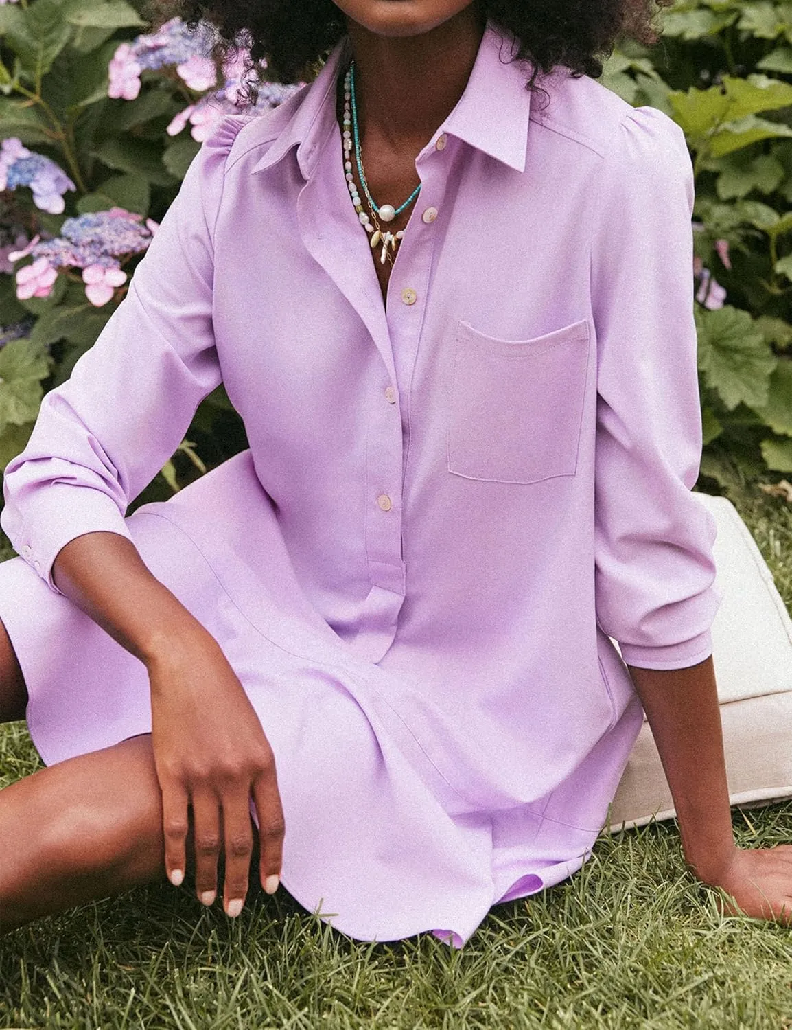 Women's Tunic Shirt Mini Dress Long Sleeve Cotton Drop Waist Collar Short Dress Button Up Ruffle Hem Shift Dresses