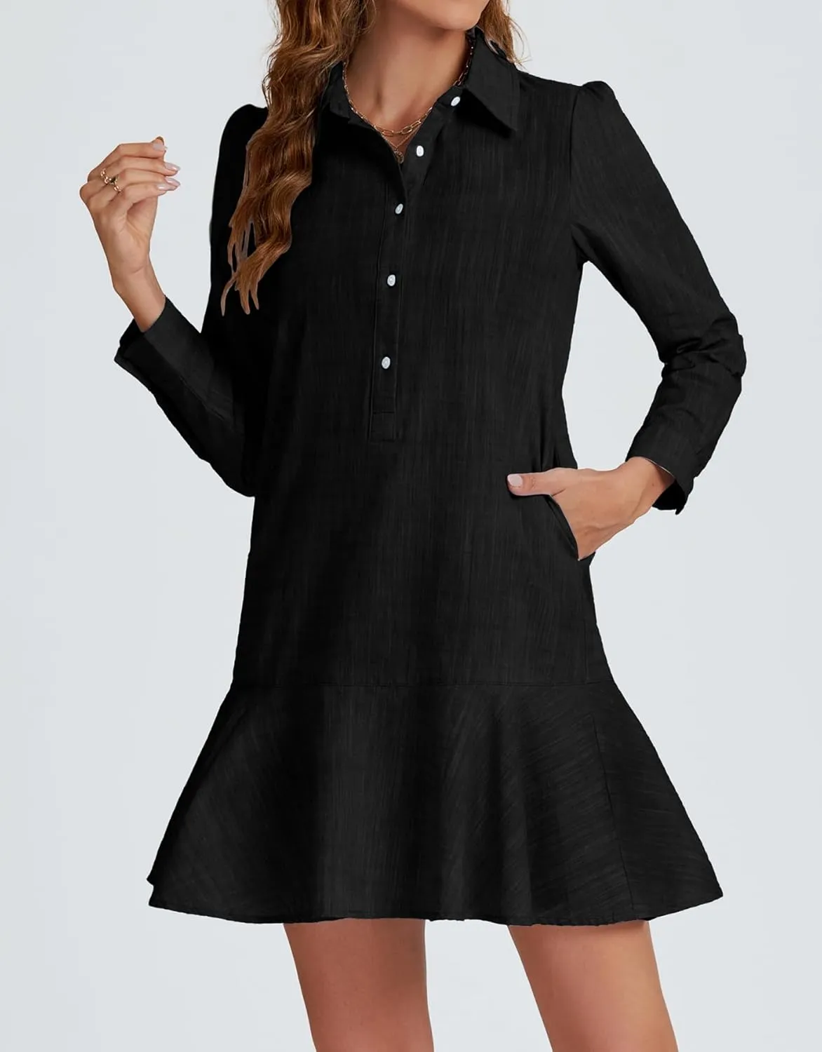 Womens Tunic Shirt Mini Dress Long Sleeve Cotton Short Dress Button Up Ruffle Hem Shift Dresses