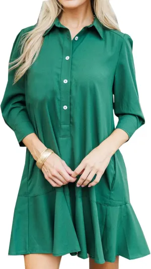 Womens Tunic Shirt Mini Dress Long Sleeve Cotton Short Dress Button Up Ruffle Hem Shift Dresses