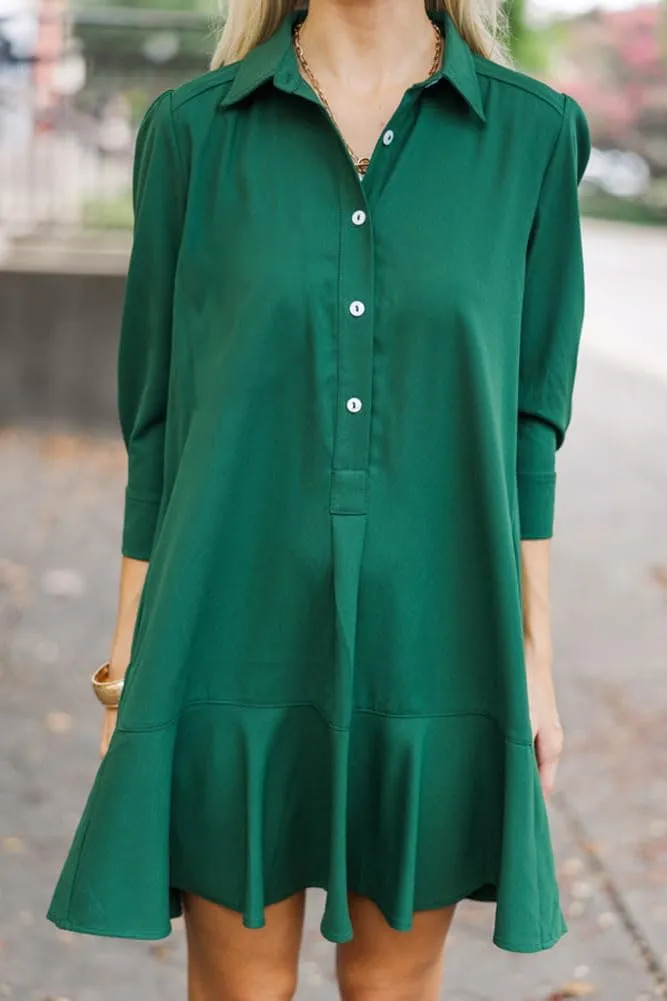 Womens Tunic Shirt Mini Dress Long Sleeve Cotton Short Dress Button Up Ruffle Hem Shift Dresses
