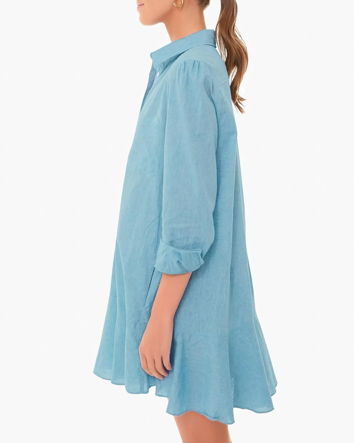 Womens Tunic Shirt Mini Dress Long Sleeve Cotton Short Dress Button Up Ruffle Hem Shift Dresses