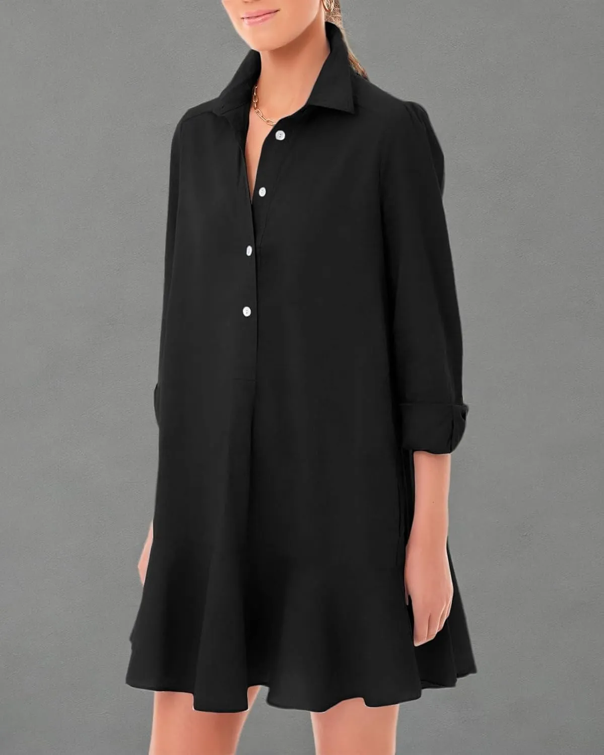 Womens Tunic Shirt Mini Dress Long Sleeve Cotton Short Dress Button Up Ruffle Hem Shift Dresses