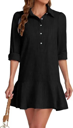 Womens Tunic Shirt Mini Dress Long Sleeve Cotton Short Dress Button Up Ruffle Hem Shift Dresses