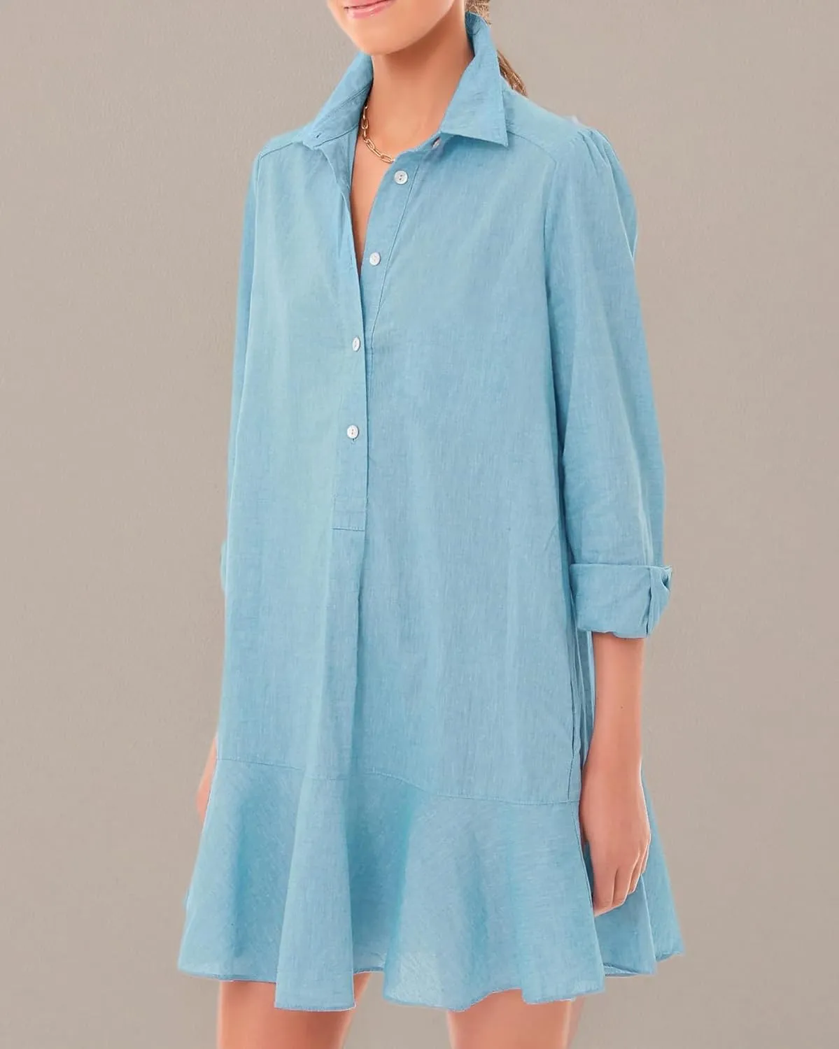 Womens Tunic Shirt Mini Dress Long Sleeve Cotton Short Dress Button Up Ruffle Hem Shift Dresses