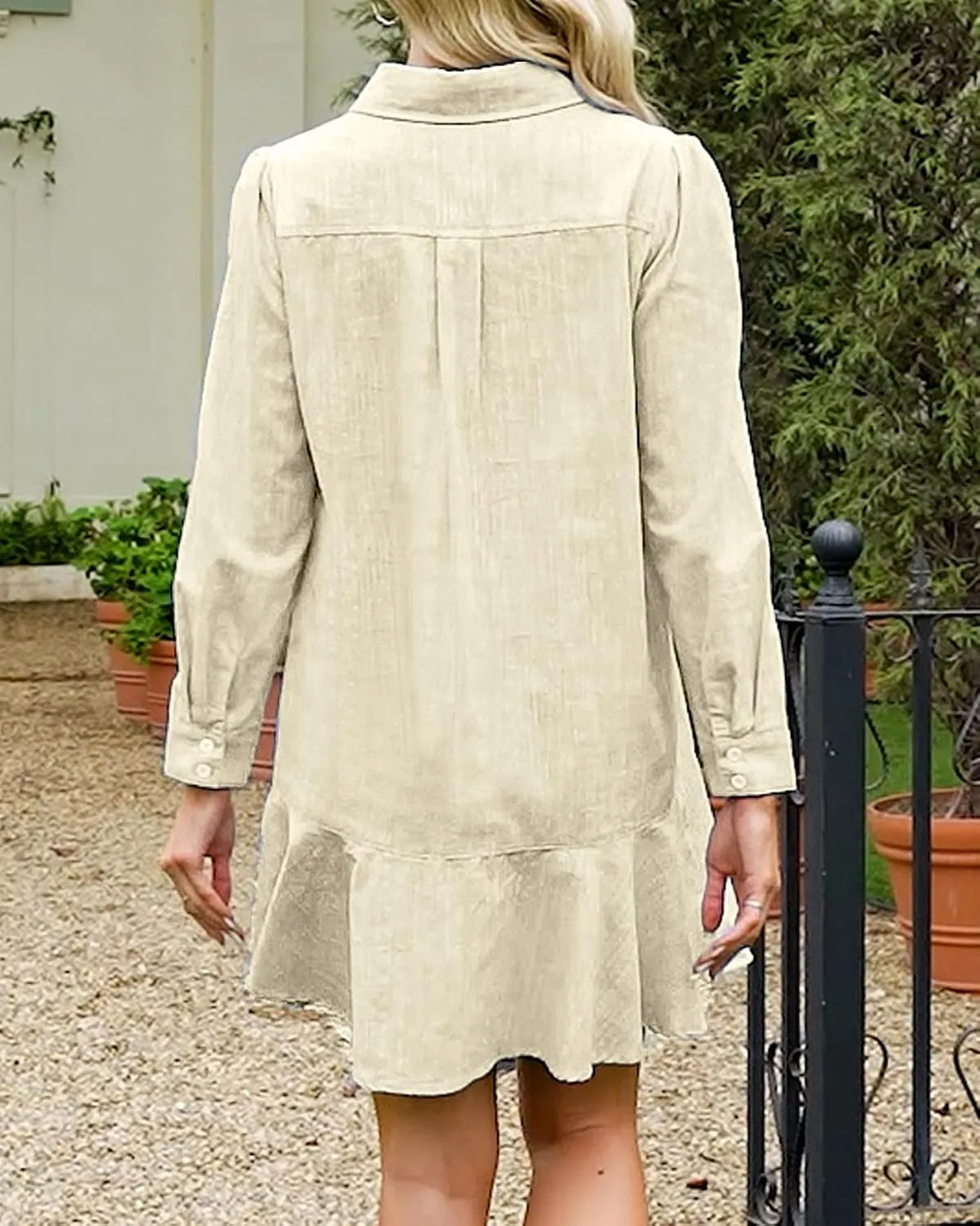 Womens Tunic Shirt Mini Dress Long Sleeve Cotton Short Dress Button Up Ruffle Hem Shift Dresses