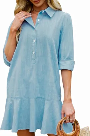 Womens Tunic Shirt Mini Dress Long Sleeve Cotton Short Dress Button Up Ruffle Hem Shift Dresses