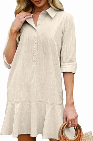 Womens Tunic Shirt Mini Dress Long Sleeve Cotton Short Dress Button Up Ruffle Hem Shift Dresses